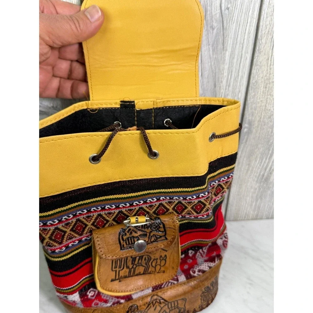 Cajamarca Peru Leather Woven Backpack Andean Llama Embossed Boho Rucksack Bag